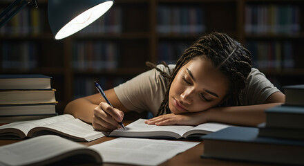 Exhausted young female student with braids fallen asleep over her books while studying late at night in a college library