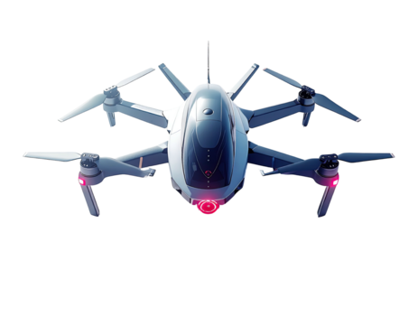 A futuristic drone, light gray/white, with multiple rotors,  a central camera dome