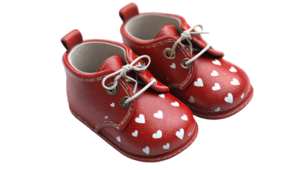 Pair of red baby shoes with white hearts isolated on transparent background