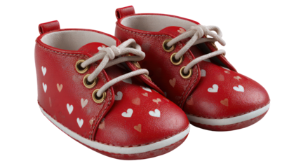 Pair of red baby boots with white hearts isolated on transparent background