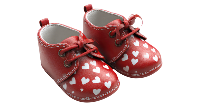 Pair of red baby shoes with white hearts isolated on transparent background - Powered by Adobe