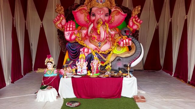 Mysuru, Karnataka, India-August 25 2025; A large idol of lord Ganesh, colorful, worship, spirituality, religion, Hinduism, temple, Ganesha Chaturthi festival in Mumbai, India.