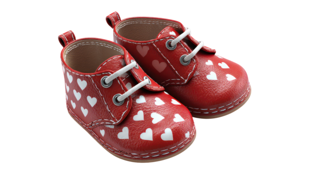 Pair of red baby shoes with white hearts isolated on transparent background