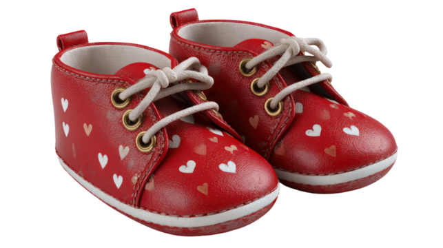 Pair of red baby boots with white hearts isolated on transparent background