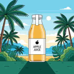Refreshing apple juice bottle on tropical beach.