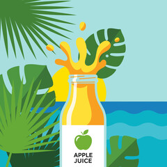 A vibrant illustration of apple juice splashing out of a bottle, surrounded by tropical foliage.