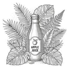 A detailed illustration of an apple juice bottle surrounded by tropical foliage in a monochrome style.