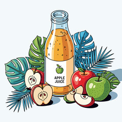 A bottle of apple juice surrounded by apples and tropical leaves on a white background.