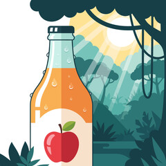 Refreshing apple juice bottle with condensation, set against a lush jungle background with sun rays.
