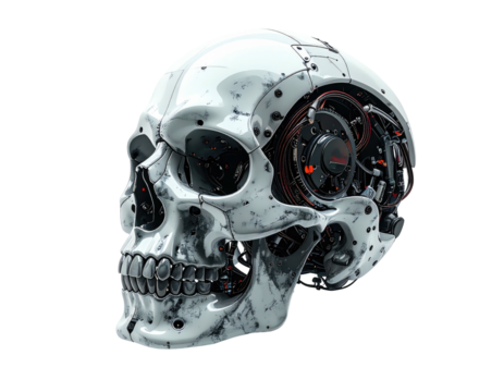A white, mechanical skull, intricate details