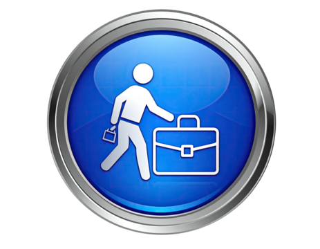 A glossy, blue button depicts a person walking with a briefcase (1) - Powered by Adobe