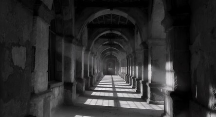 Obraz premium A Monochrome Photograph of a Long, Arched Corridor with Stone Pillars and Windows, Showing Light Streaks on the Floor