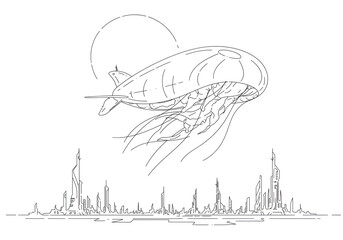 A futuristic airship resembling a jellyfish gracefully floats above a sleek minimalist city landscape in a black and
