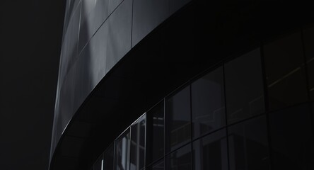 Abstract Dark Modern Architecture, Curved Facade, Geometric Design, Black Panels, Glass Windows, Contemporary Building Exterior, Urban Structure, Architectural Detail, Shadow Play, Modern Buildin