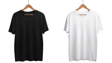 Black and white t shirts hanging on hangers isolated on transparent background