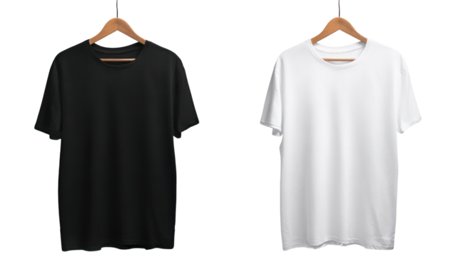 Black and white t shirts hanging on hangers isolated on transparent background