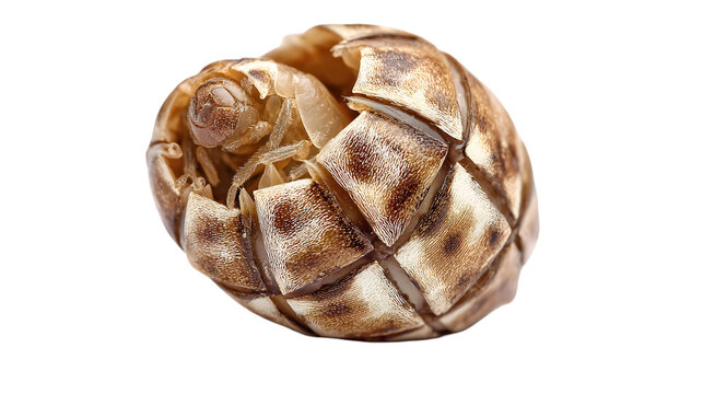 Pill bug exhibits armored shell isolated on white