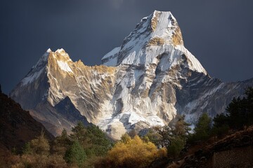 Majestic mountain peak, snow-capped and golden, rises above colorful autumn foliage