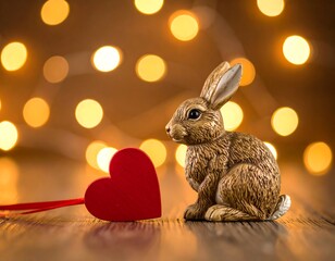 A small brown rabbit figurine beside a red heart on a wooden surface, lit by warm, blurred lights