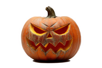 A carved pumpkin with a scary face, illuminated from within, sitting against a white background.
