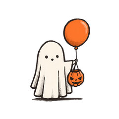 A cute, hand-drawn ghost celebrates Halloween holding an orange balloon and a jack-o'-lantern candy pail.