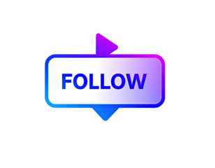 A vibrant, gradient-filled button with the word "FOLLOW" in white text.  A right-pointing arrow graphic is incorporated into the button's shape