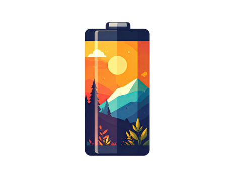 Battery graphic with a landscape.  A battery shaped like a stylized illustration of mountains, sun, clouds, and trees in vibrant colors