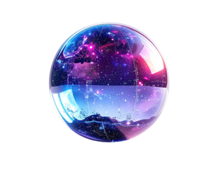 A transparent globe, vibrant colors,  cosmic details