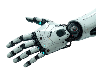 Detailed close-up of a futuristic, articulated robotic hand.  The hand is white with black accents and mechanical components.  Visible joints and glowing turquoise accents highlight the complex design