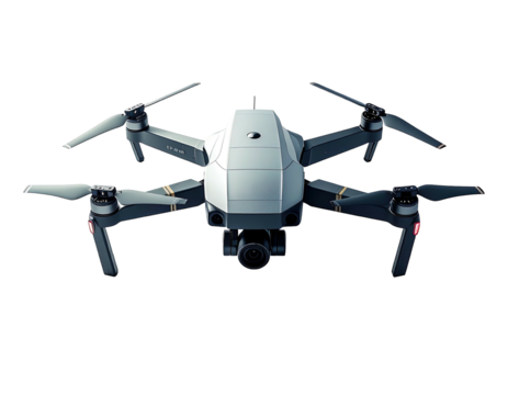 Gray drone with four propellers, front-facing camera, and light indicators
