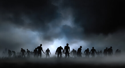 A horde of shadowy figures, resembling zombies, emerge from a misty, dark, and ominous landscape under a stormy sky.