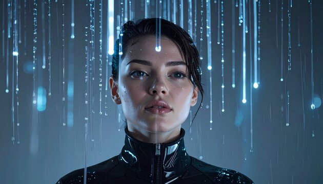 Woman in Futuristic Setting with Digital Rain.