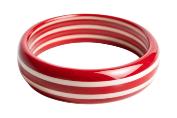 Red and cutout png white striped resin bangle bracelet with glossy finish isolated on a transparent background