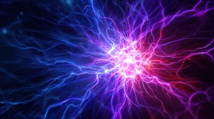 Abstract technology background with lightning discharge inside fiber optic cables transmitting internet data, glowing energy flow