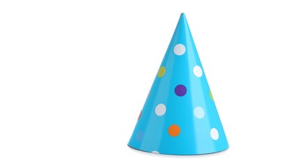 A light blue party hat with colorful polka dots
