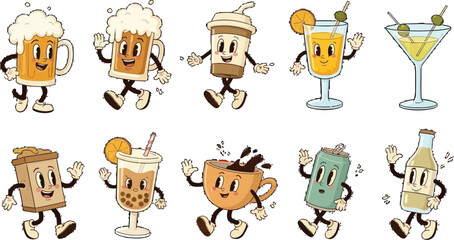 Delightful drinks characters cheerfully walking with smiles, perfect for fun beverage branding