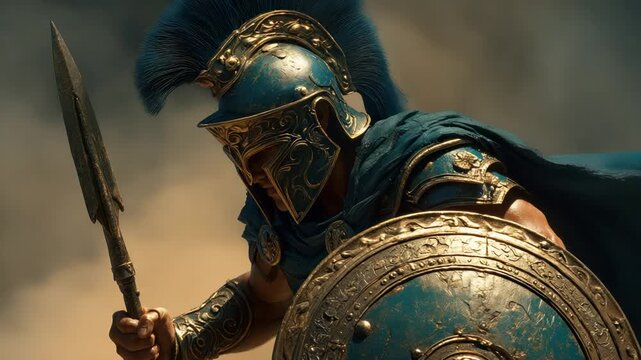 Ancient warrior in ornate blue and gold armor, holding a spear