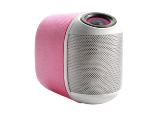 Compact cylindrical speaker with pink fabric and perforated cutout png white grille isolated on a transparent background