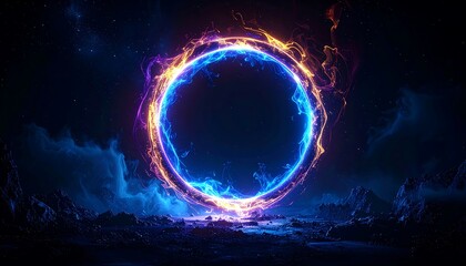 Abstract glowing ring in a dark space landscape
