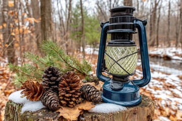 Rustic lantern on a stump, adorned with pine cones and snow, in a winter woodland setting
