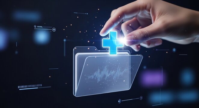 Hand adds new patient data to a secure electronic medical records folder, illustrating advanced digital health management technology for efficient healthcare information