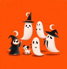 Obraz premium Five cute ghosts, a dog, and two witches in Halloween costumes.