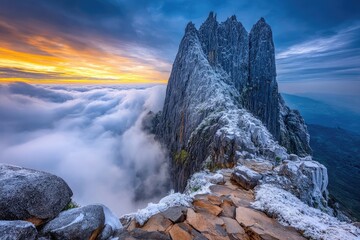 Sunrise over a jagged mountain peak, shrouded in mist