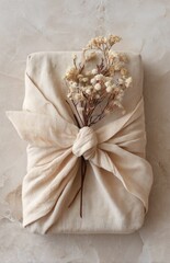 Furoshiki fabric gift wrap with dried flowers