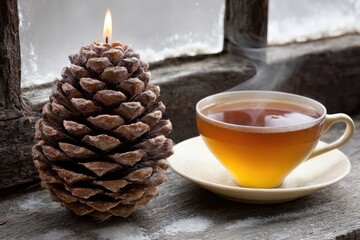 Cozy winter scene with candle and tea