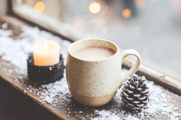 Warm coffee cup on a windowsill, winter scene
