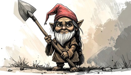 A small, stout gnome with a red cap, holding a shovel