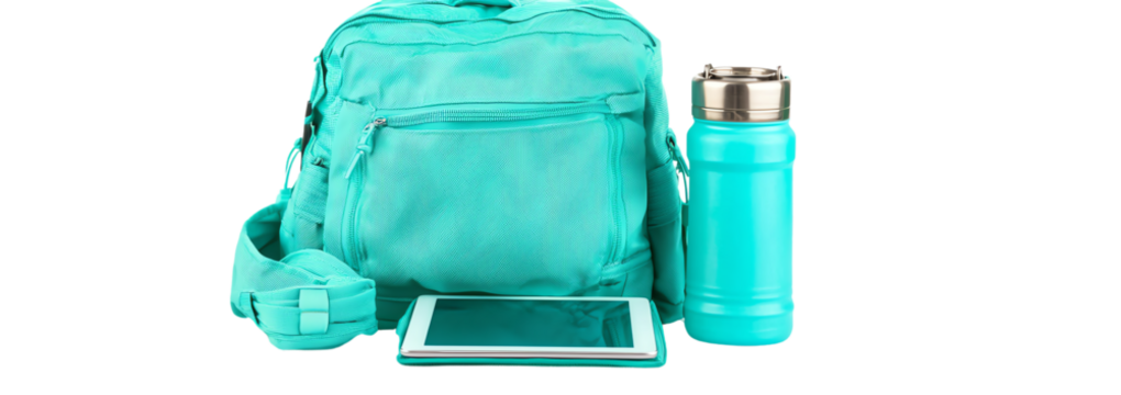 Essentials Kit: A vibrant turquoise backpack, alongside a matching water bottle, mini-bag and tablet, embodies the essence of preparedness, perfect for daily adventures or educational pursuits.