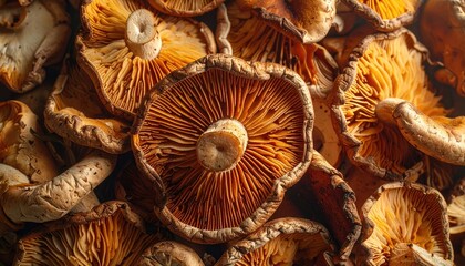 Close Up of Golden Orange Mushrooms with Gills in Natural Light Detailed Texture and Intricate Patterns of Edible Fungi for Culinary Use