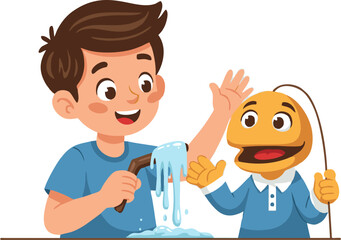 Animated Boy Pouring Water with Puppet Friend Waving Hello Illustration